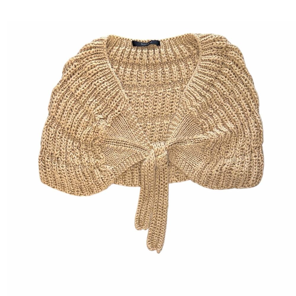Granny Knit Tan Shoulder Cover Shrug with Tie Front - Picture 3 of 9